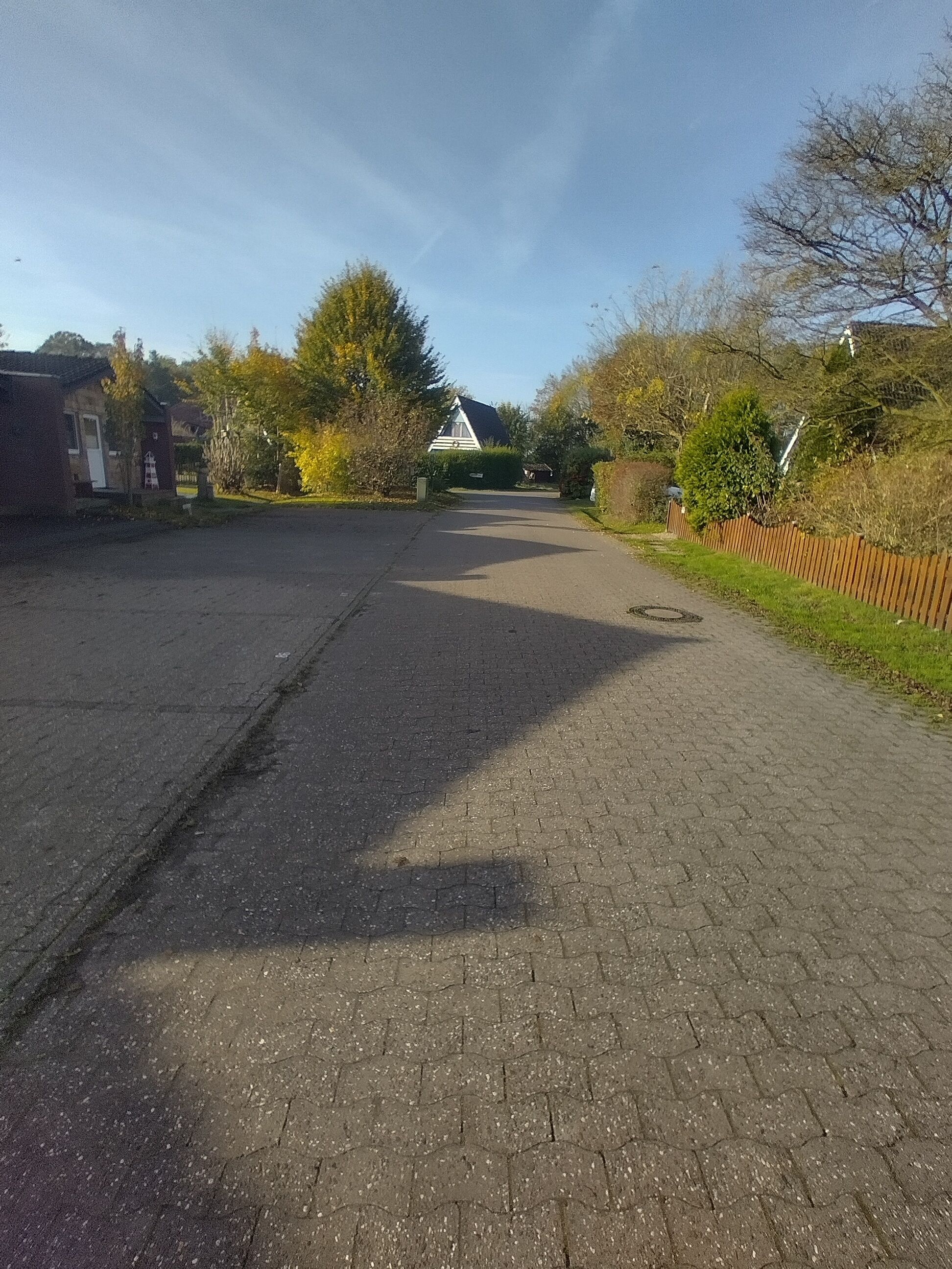 A paved road leading to a house with a triangular roof, surrounded by trees and a wooden fence.
