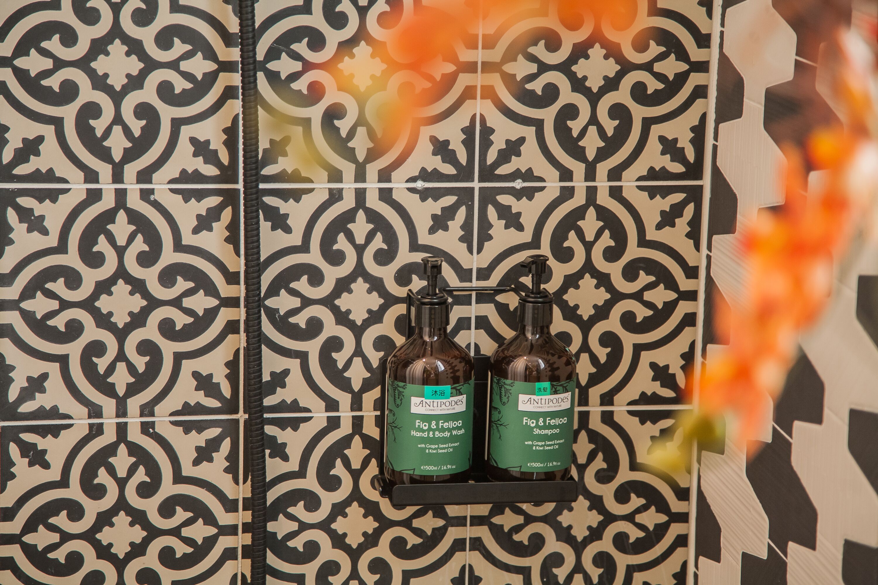 A bathroom with patterned tiles and two bottles of Antipodes Fig & Feijoa hand and body wash on a shelf.