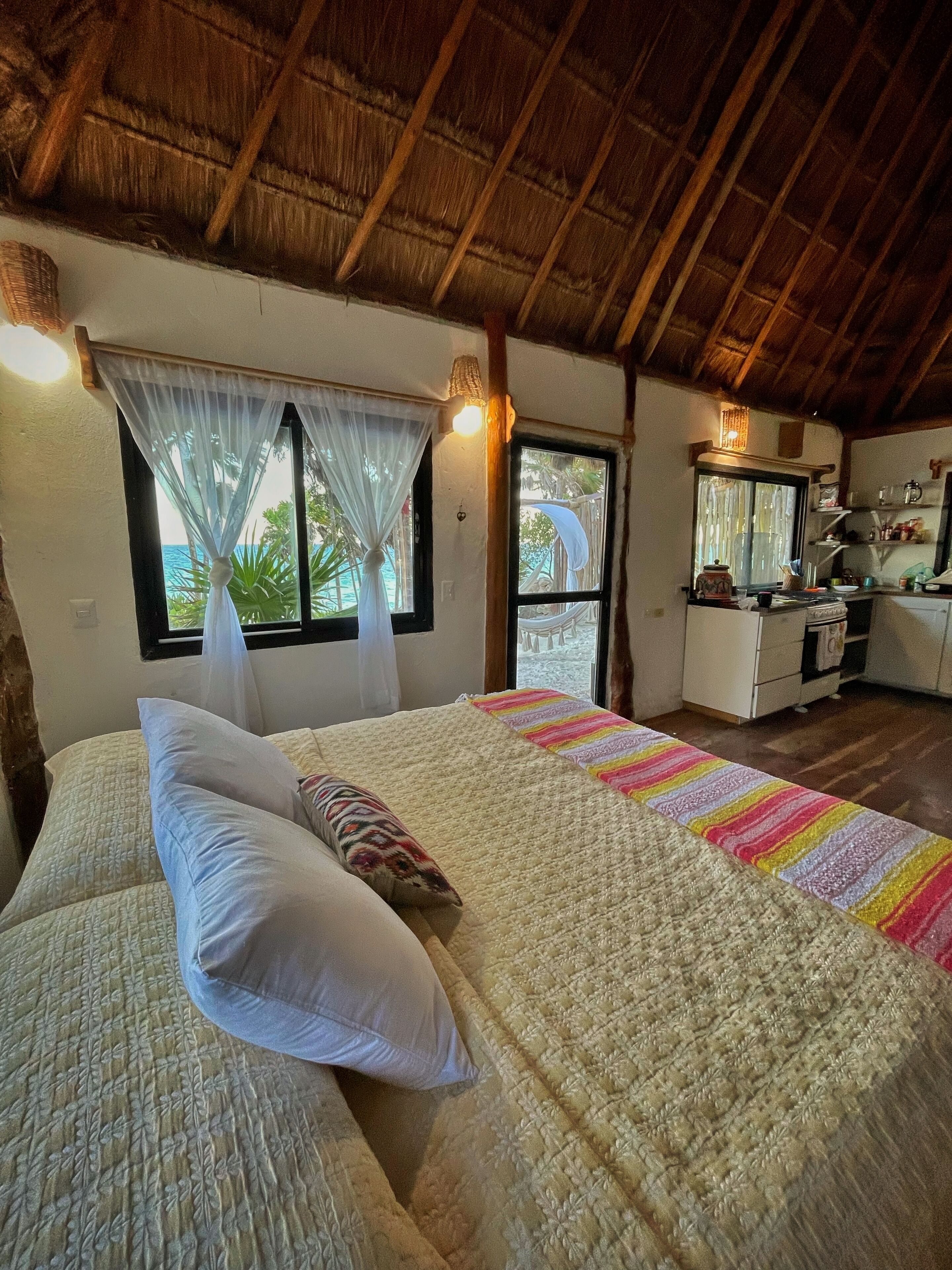 Beachfront cabin inside the Tulum National Park, beach house.