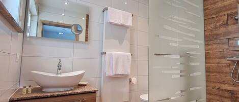 Shower, hair dryer, towels, soap