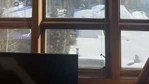 A room with large windows offering a view of a snowy mountain landscape.