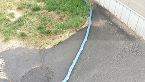 Una manguera azul que recorre un camino pavimentado junto a un edificio.