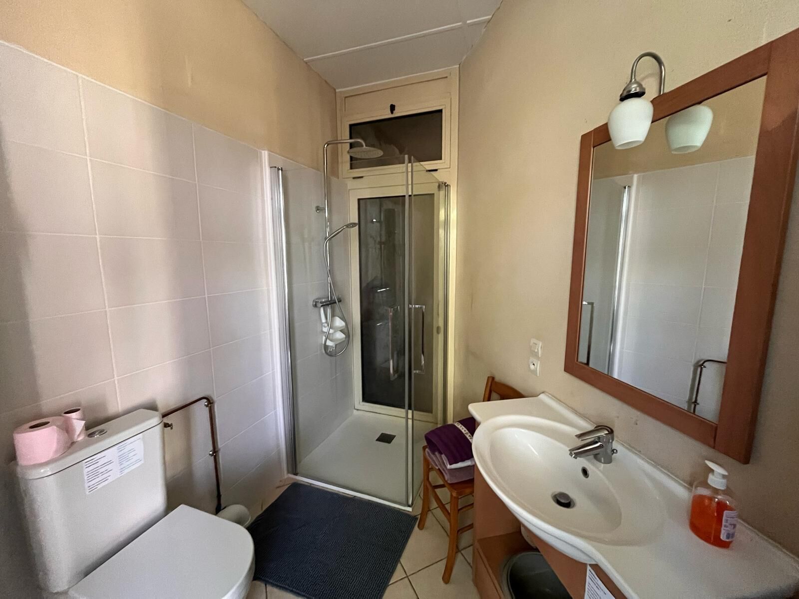 Een douche, een haardroger, handdoeken, zeep