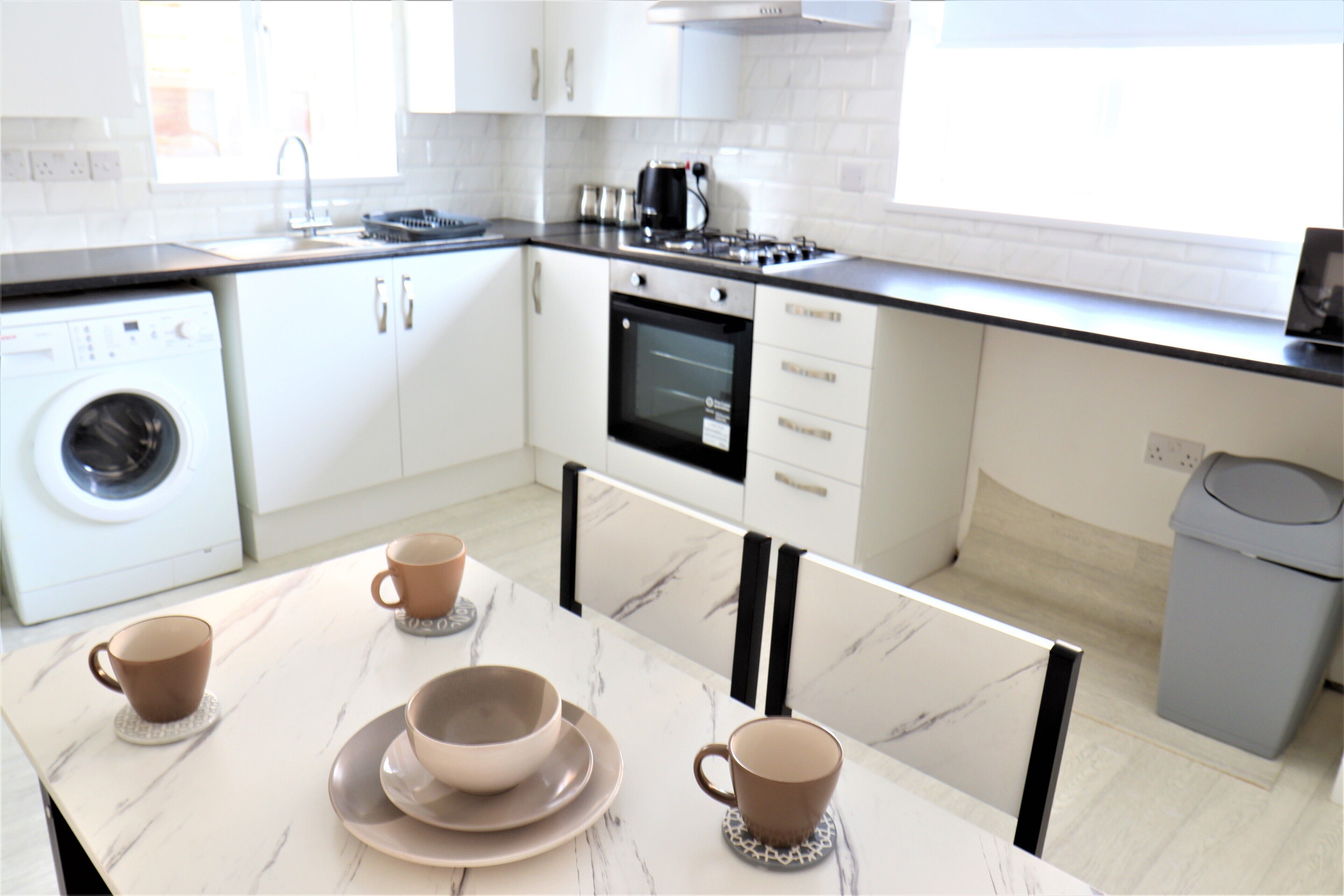 Fridge, microwave, oven, electric kettle