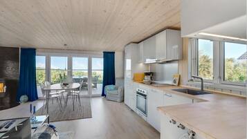 Fridge, stovetop, dishwasher, coffee/tea maker