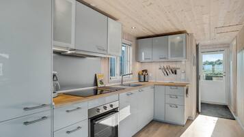 Fridge, stovetop, dishwasher, coffee/tea maker