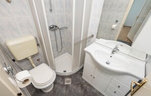 Et lille badeværelse med toilet, bruser og håndvask.