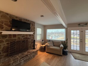 Smart TV, fireplace, video games, DVD player