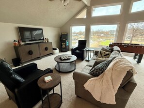 Smart TV, fireplace, video games, DVD player