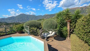 A swimming pool with a wooden deck, surrounded by lush greenery and a mountain view.