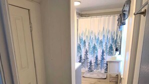 A hallway with a wooden floor, a white door, and a window with a forest scene.
