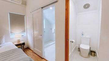 Shower, hair dryer, towels, shampoo