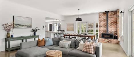 Smart TV, fireplace, books