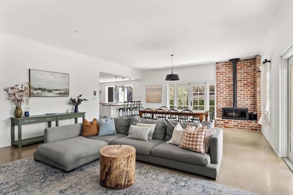 Smart TV, fireplace, books