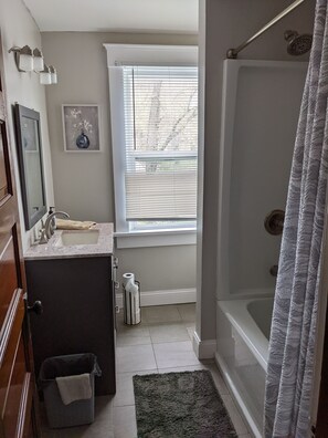 Combined shower/tub, hair dryer, towels, soap