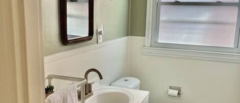 Bathtub, towels, toilet paper