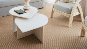 Una sala de estar moderna con un sofá, una mesa redonda de centro, un sillón de mimbre y una planta en maceta.