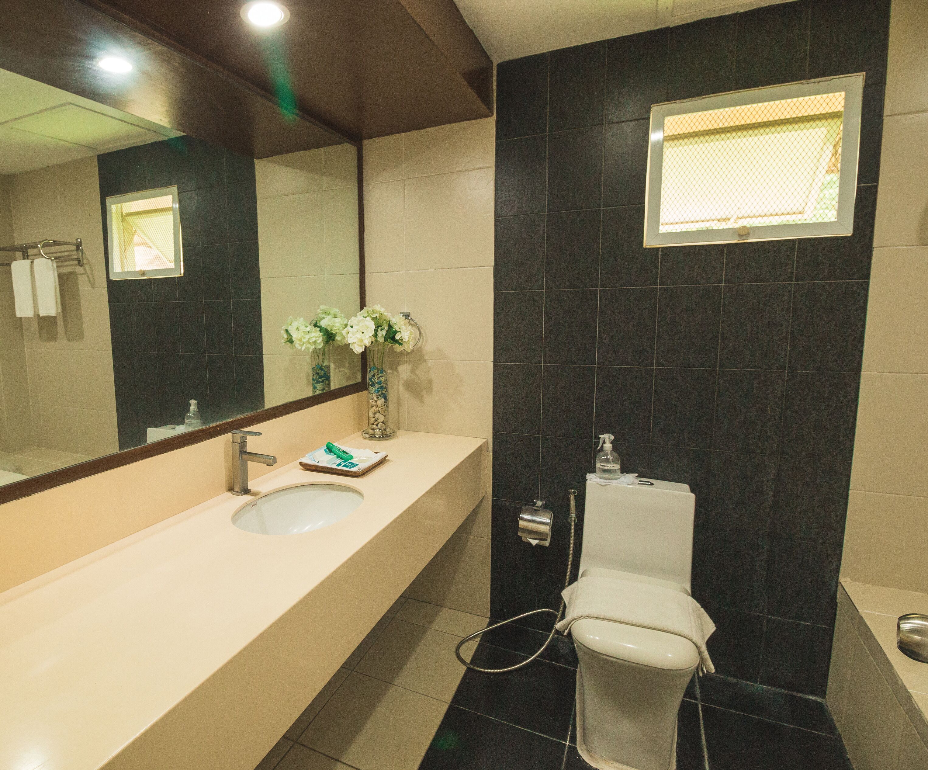 Une salle de bain avec un lavabo blanc, un miroir, des toilettes et une fenêtre.