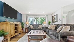 Smart TV, fireplace, books, offices