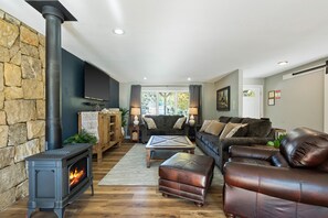 Smart TV, chimenea, libros y estéreo