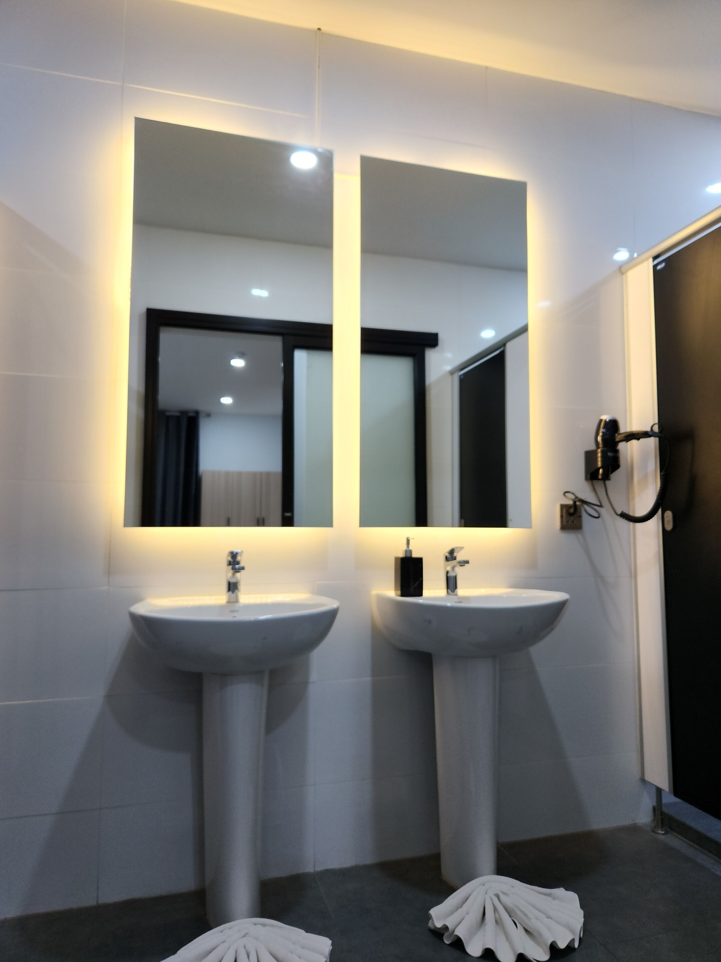A modern bathroom with two pedestal sinks and a large mirror above them.