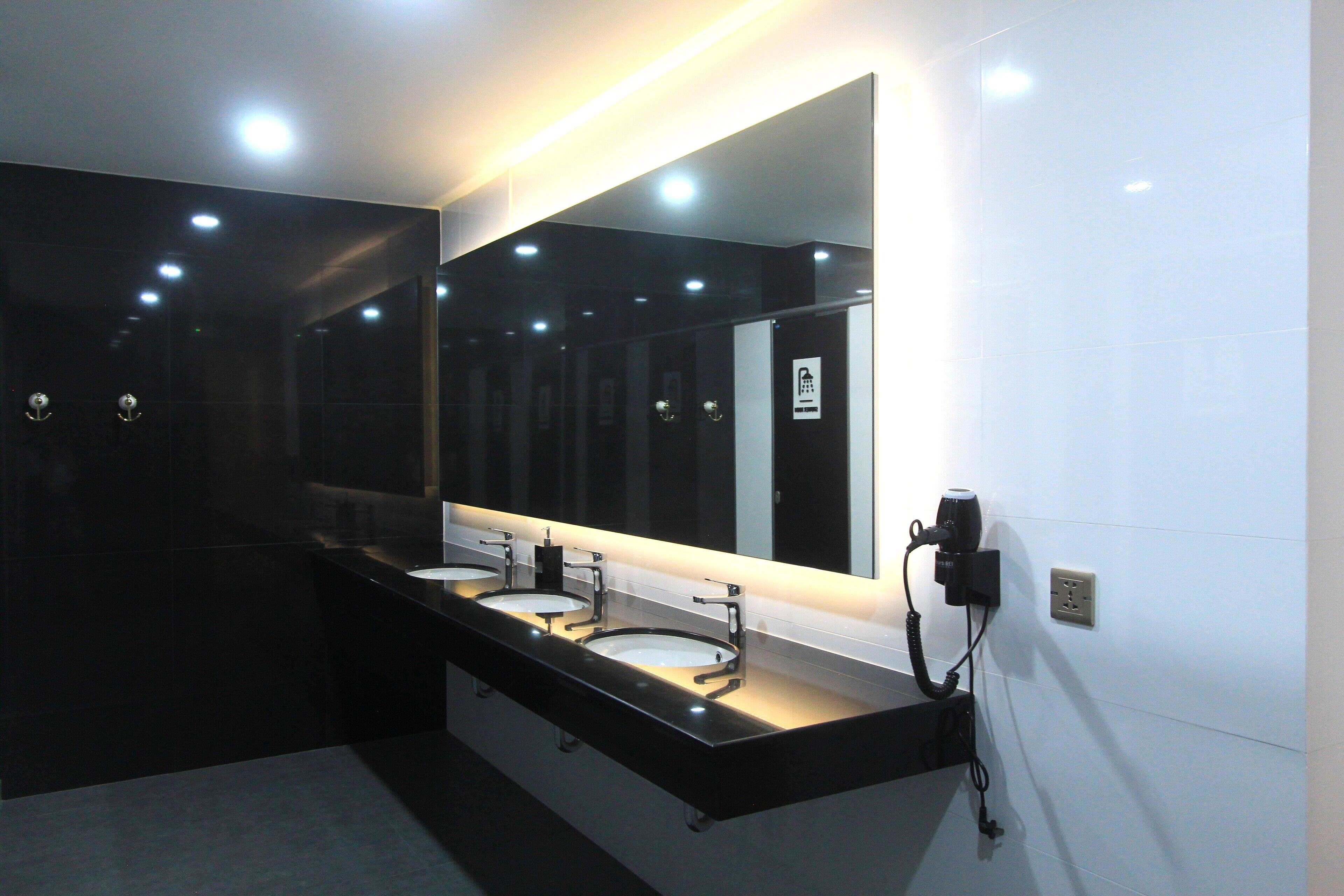 A modern bathroom with two sinks, a large mirror, and recessed lighting.