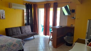 Une pièce comprenant un lit, un canapé, un bureau, un téléviseur et une fenêtre avec des rideaux.