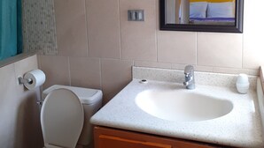 Une salle de bain avec des toilettes, un lavabo et un miroir.