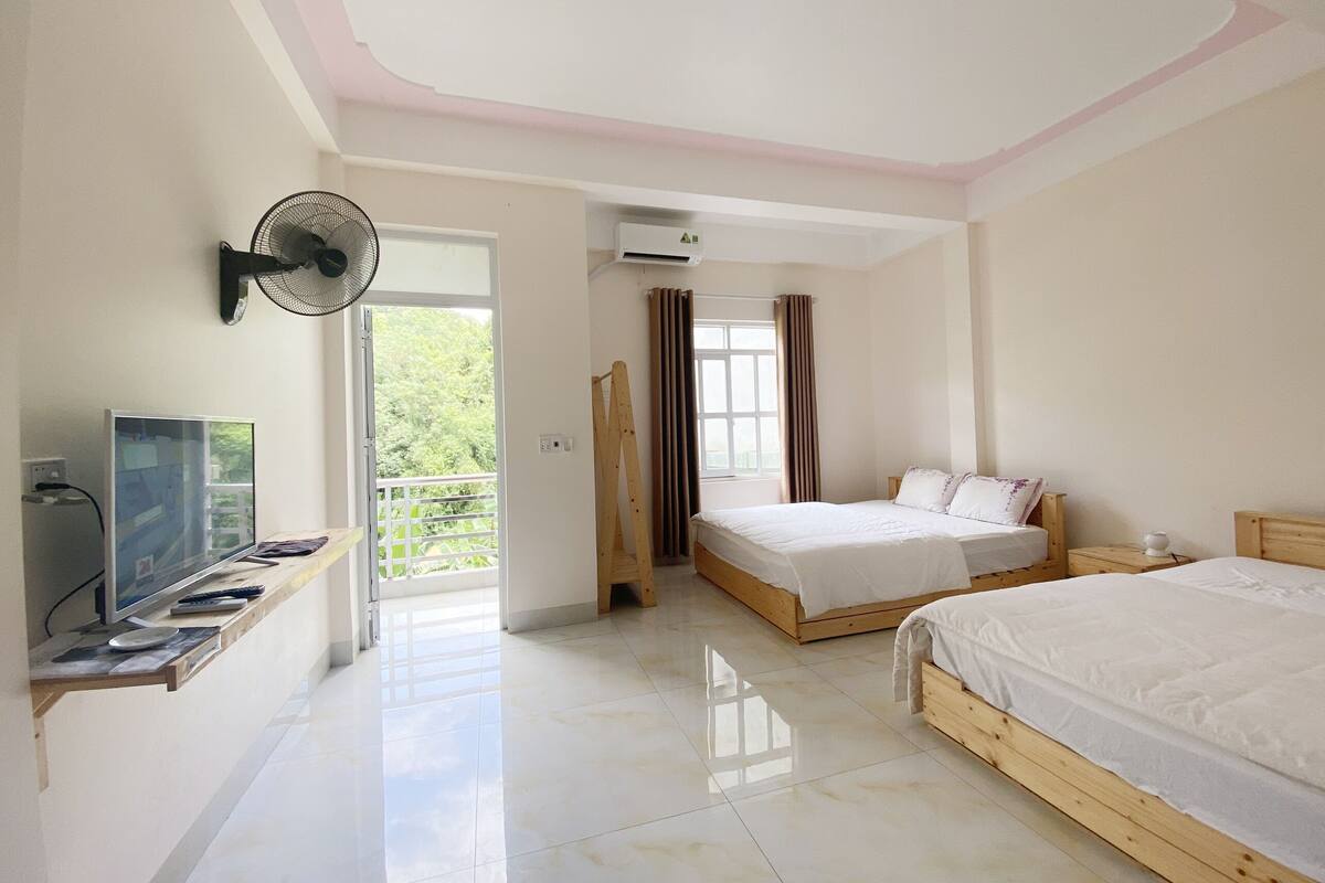 Un dormitorio con dos camas, televisión y ventilador.