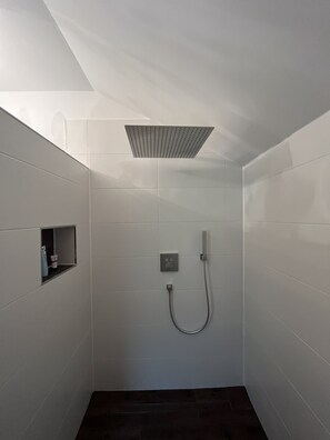 Douche, séchoir à cheveux, serviettes fournies, savon