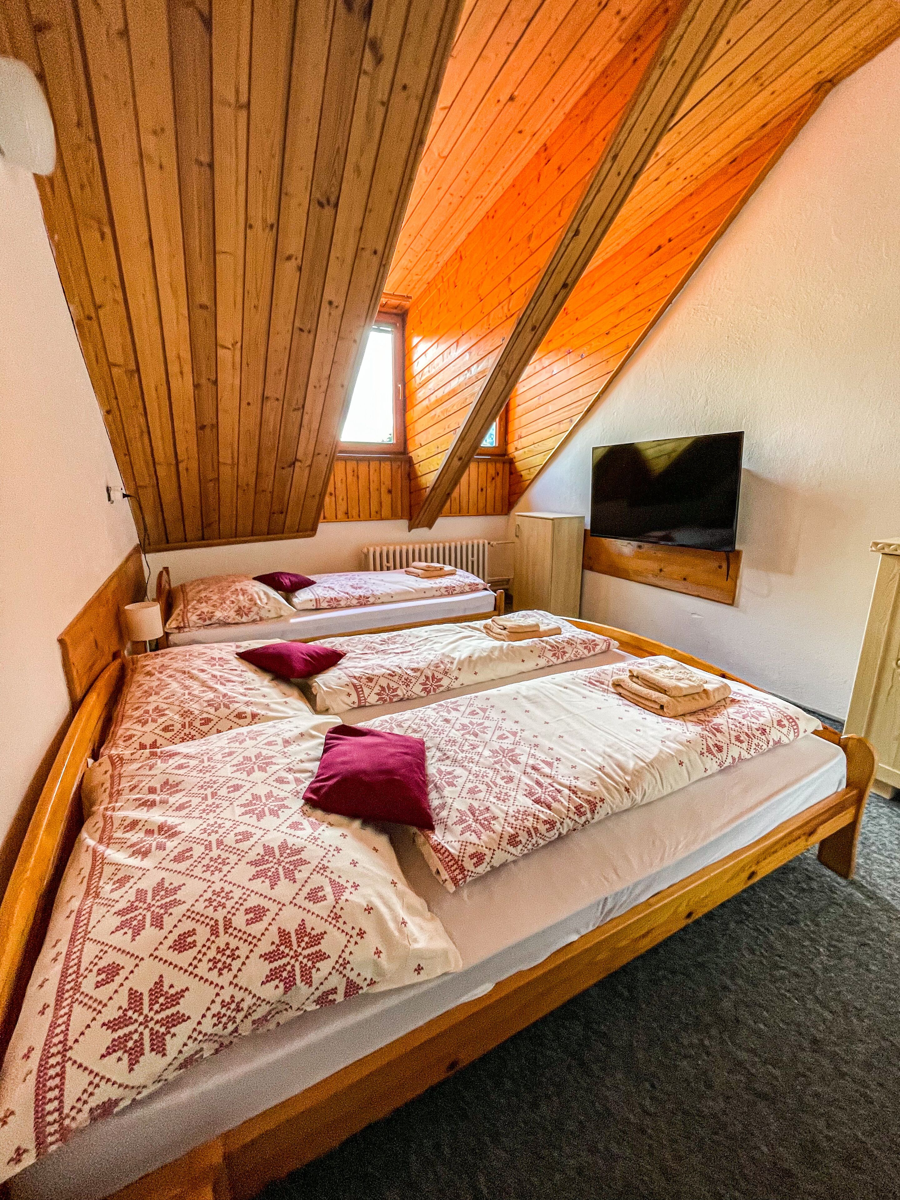 A room with a sloped ceiling, wooden beams, a bed with patterned bedding, a television on the wall, and a radiator.