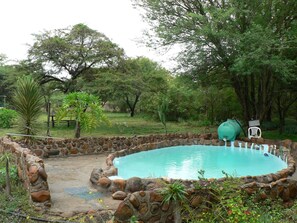 Una piscina natural rodeada de un muro de piedra, con diversos tipos de plantas y árboles al fondo.