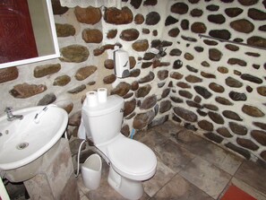 A bathroom with a stone wall, a sink, and a toilet.