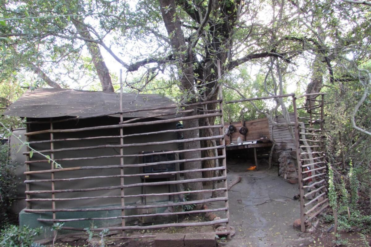 A rustic wooden structure with a slatted roof, surrounded by trees and foliage.