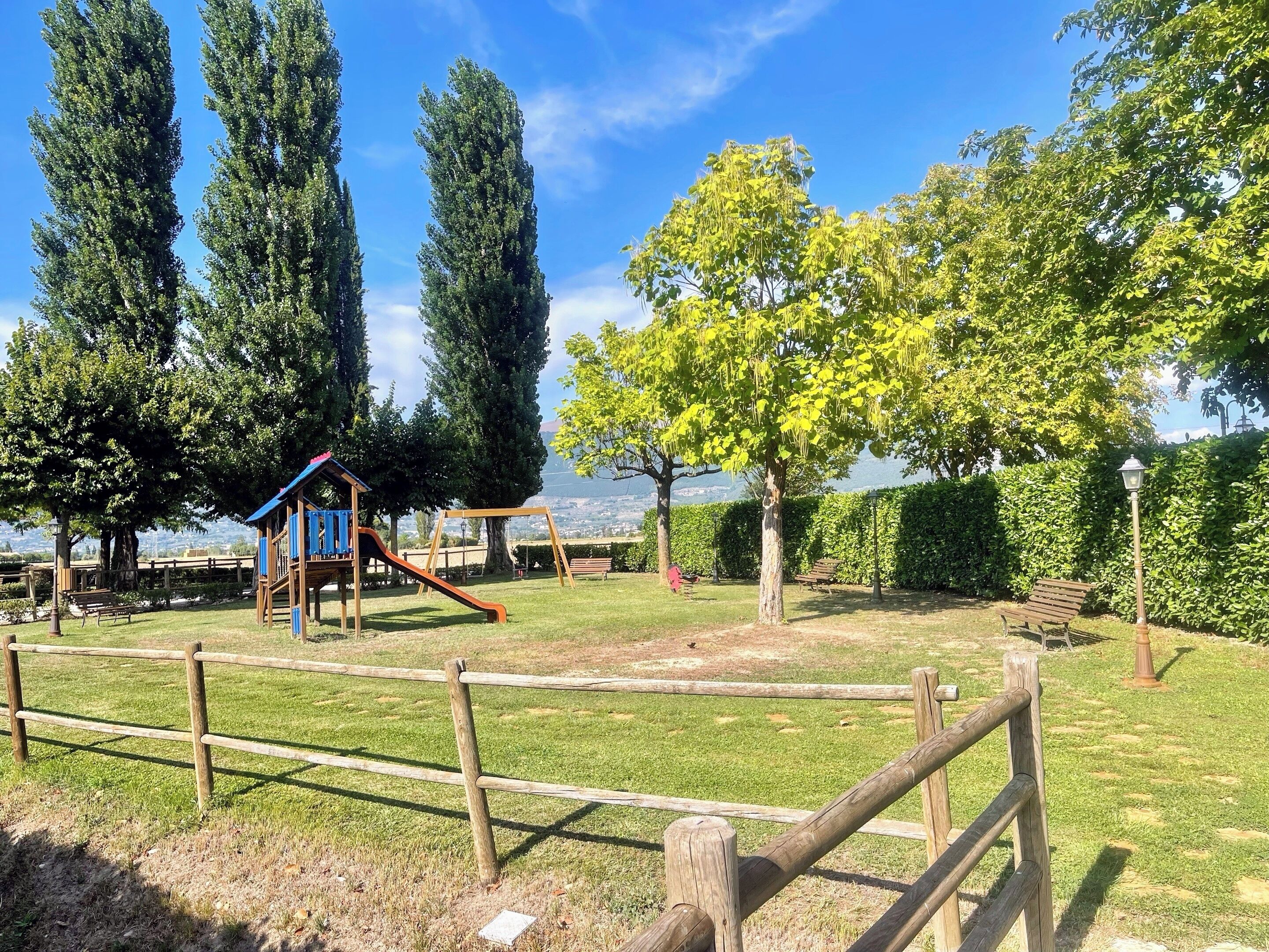A playground with a slide and climbing structures, surrounded by tall trees and a grassy area.