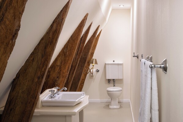 A bathroom with a wooden accent wall, a sink, a toilet, and a towel rack. - Jagdschloss Kotelow (Galenbeck)