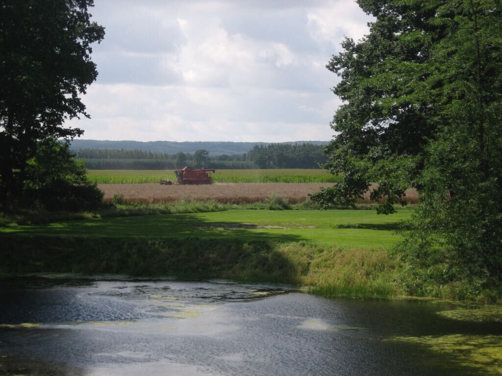 A rural landscape with a field, a body of water, and a red tractor in the distance.
