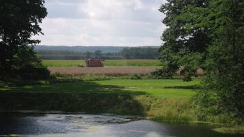 A rural landscape with a field, a body of water, and a red tractor in the distance.