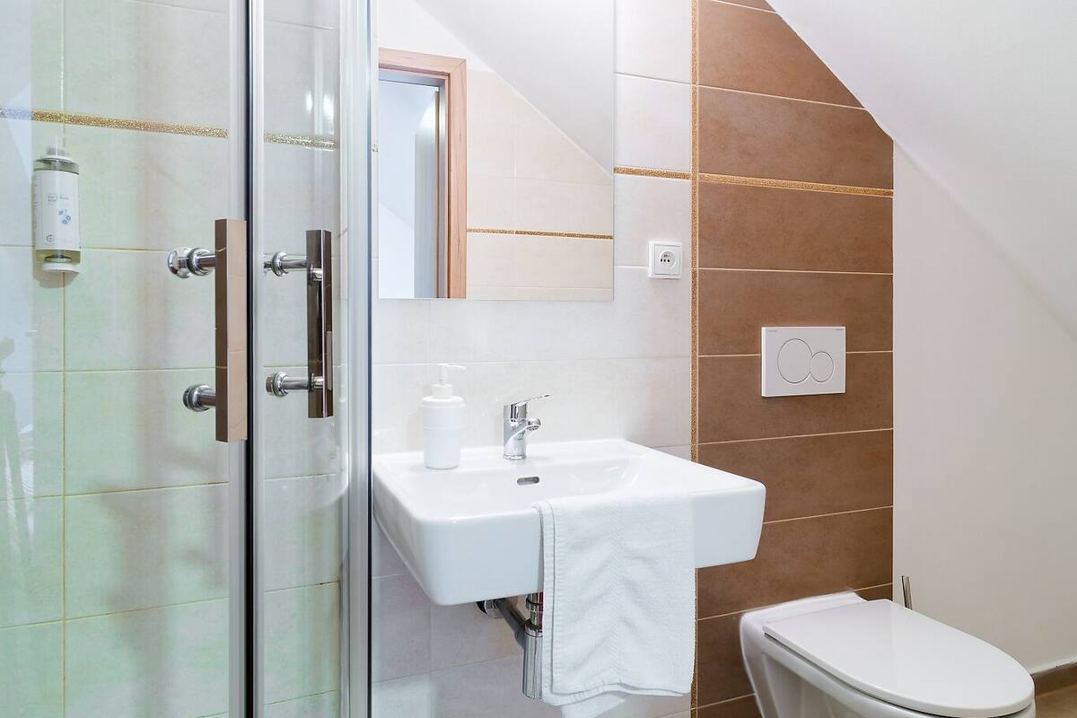 A modern bathroom with a glass shower enclosure, a white sink, and a toilet.