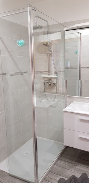 Douche, serviettes fournies, papier toilette