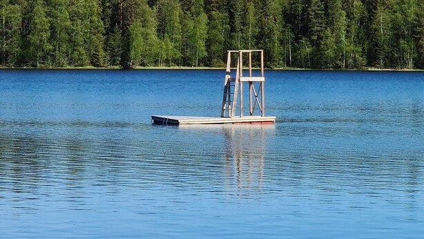 Un muelle de madera que se adentra en un lago tranquilo, con una orilla boscosa al fondo.