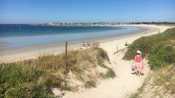 Ein Sandstrand mit blauem Himmel, ein Weg zum Strand und einige Spaziergänger.