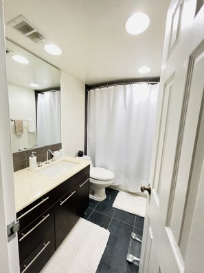 Combined shower/bathtub, hair dryer, towels, soap