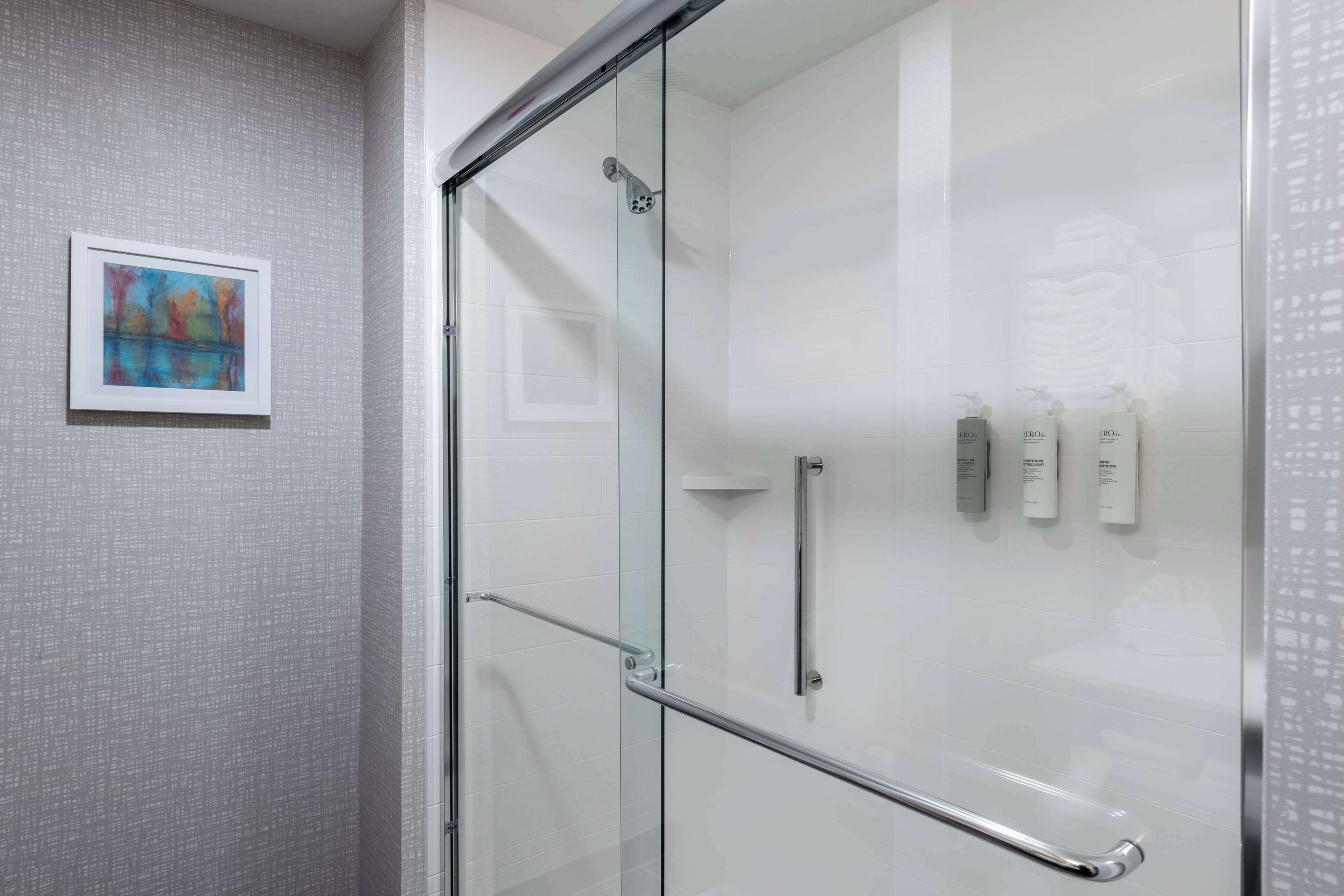 A modern bathroom with a glass shower enclosure, a handrail, and three bottles of shampoo on the wall.