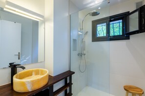 Regadera, secadora de cabello, toallas, papel de baño 