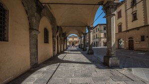 Una calle empedrada con arcos y columnas, que conduce a un edificio con cielo azul al fondo.