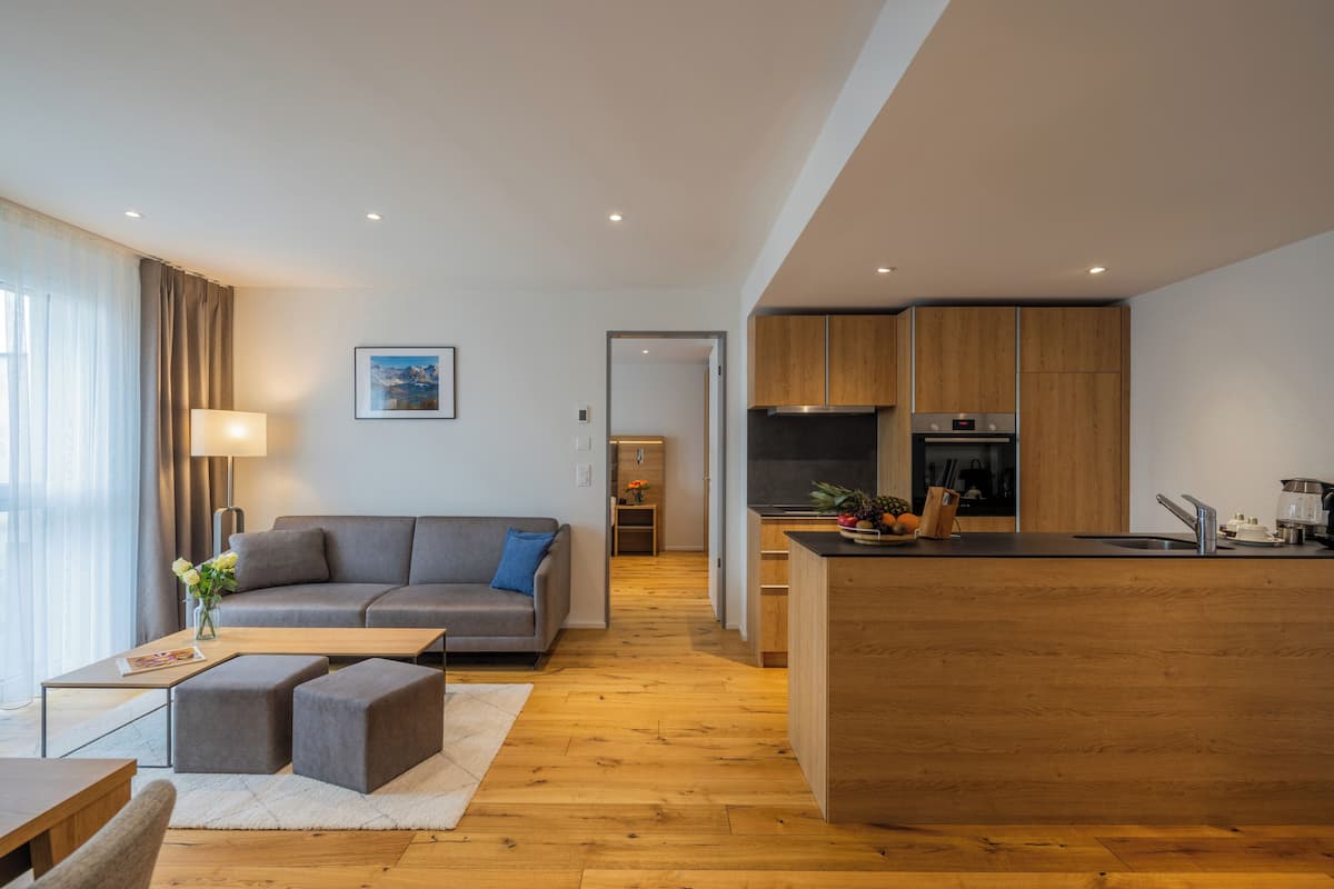 Een modern appartement met een woonkamer, kitchenette en een eethoek.