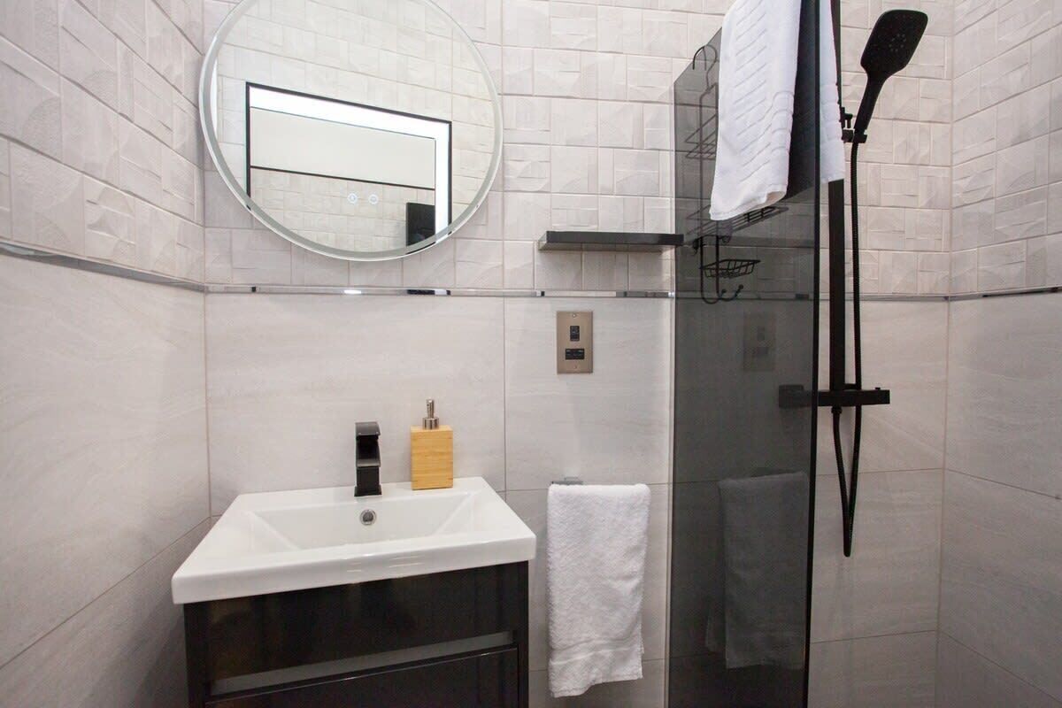 Shower, hair dryer, towels