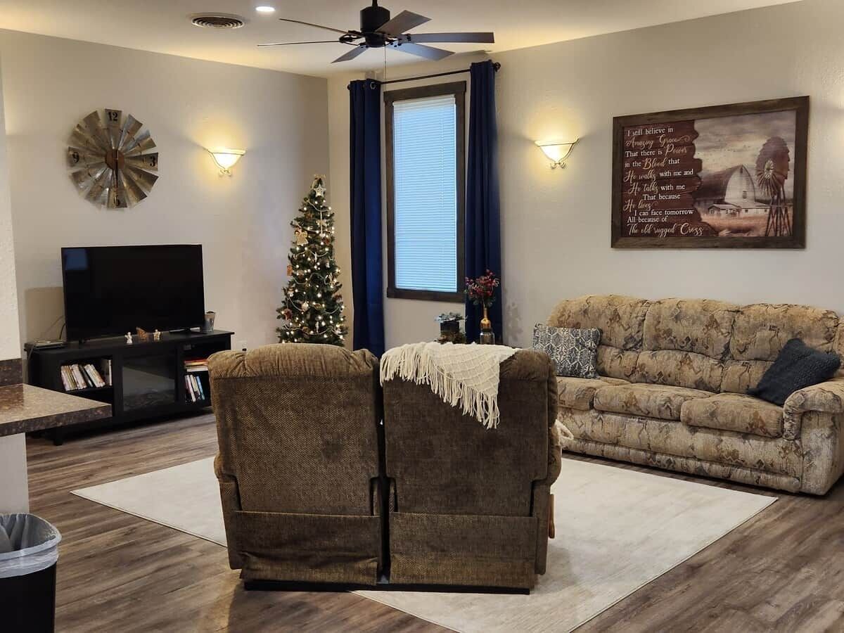 Smart TV, fireplace, DVD player, books