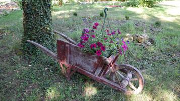 A wheelbarrow with flowers and a tree in a garden.